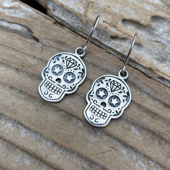 925 Sterling Silver Halloween Sugar Skull Earrings Day of the Dead Dangle NEW - Picture 7 of 9